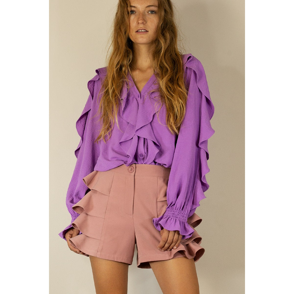 Ruffle Flaire Long Sleeve Blouse | Violet, White