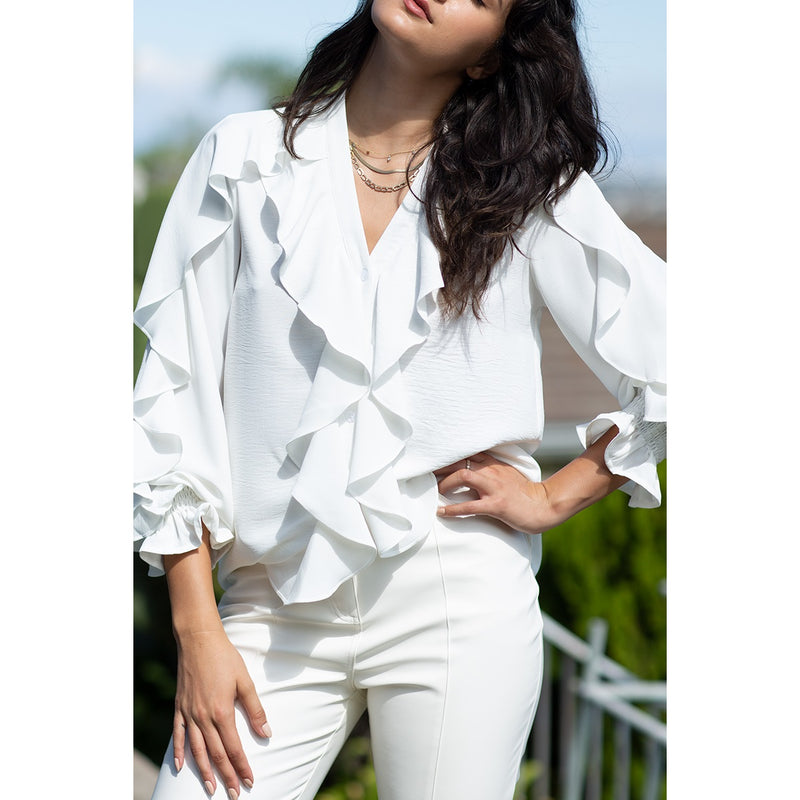 Ruffle Flaire Long Sleeve Blouse | Violet, White