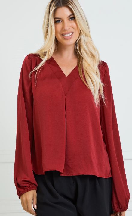 Long Sleeve V Neck Blouse | Wine