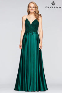Faviana 10400 Satin Beaded Gown With Lace Up Back | Emerald Green, Steel Blue