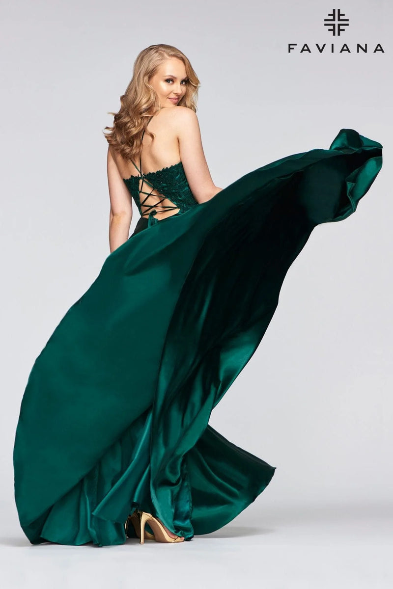 Faviana 10400 Satin Beaded Gown With Lace Up Back | Emerald Green, Steel Blue
