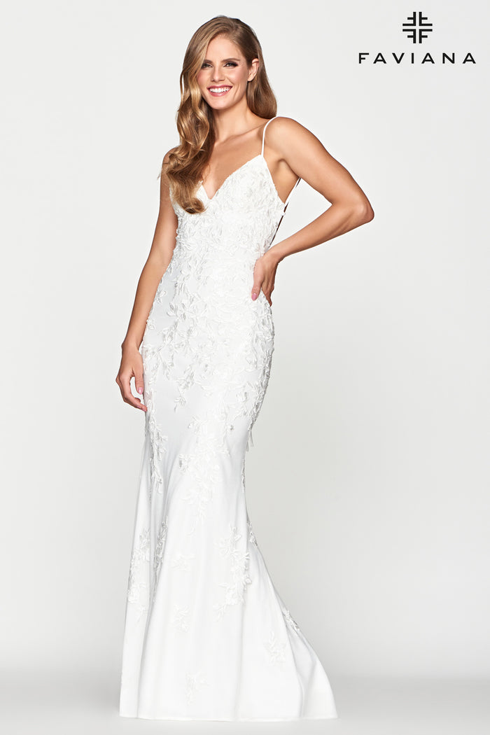 Faviana 10508 Ivory Lace Applique Fit & Flare Gown With Lace Up Back | Ivory