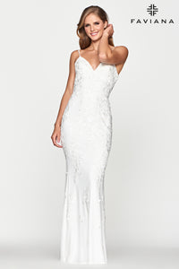 Faviana 10508 Ivory Lace Applique Fit & Flare Gown With Lace Up Back | Ivory