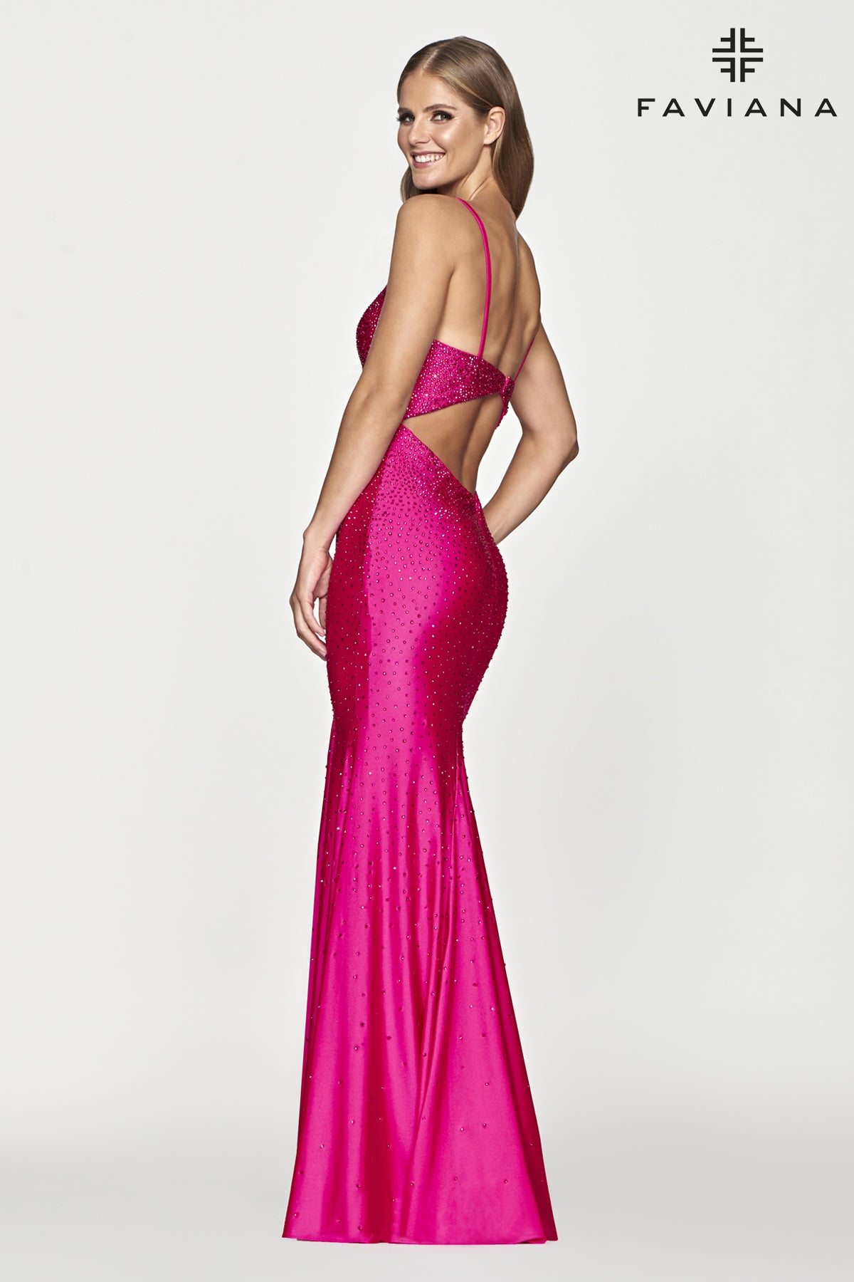 Faviana S10630 V-Neck Hot Stone Fitted Gown With Cut Out Back Detail | Hot Pink, Black, Sunburst Orange, Lilac