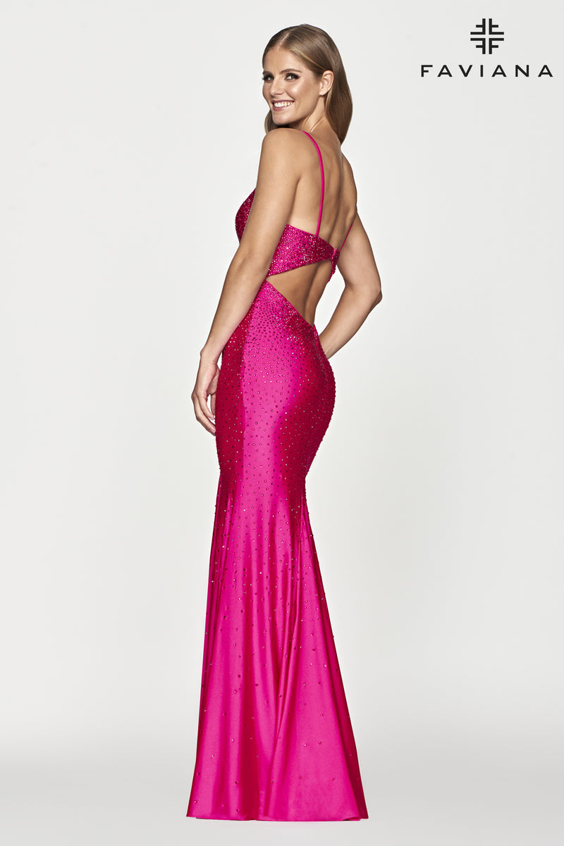 Faviana S10630 V-Neck Hot Stone Fitted Gown With Cut Out Back Detail | Hot Pink, Black, Sunburst Orange, Lilac