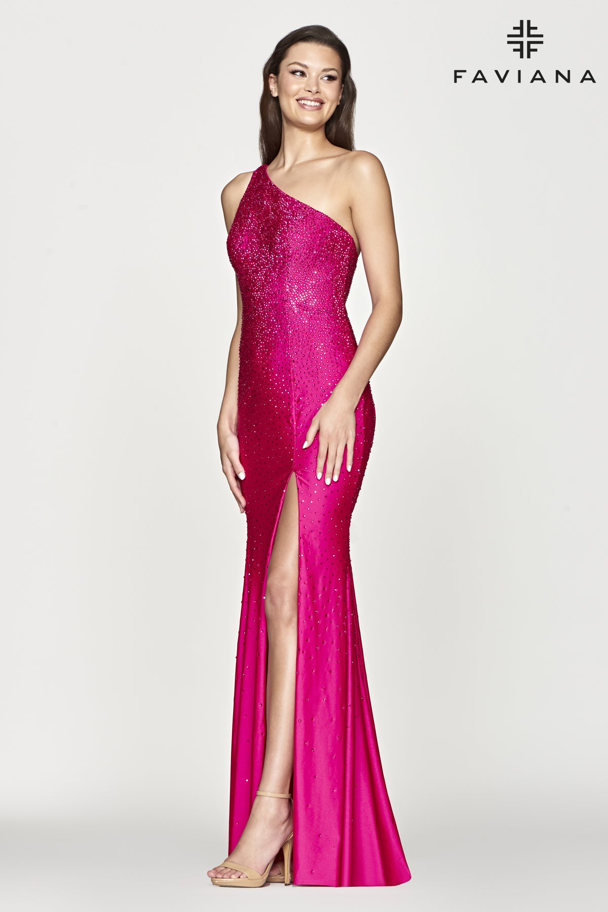 Faviana S10632 One Shoulder Heat Stone Gown | Hot Pink, Navy, Red, Black