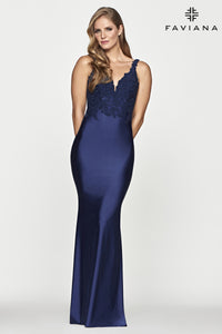 Faviana S10639 Embellished Lace Gown With Fitted Stretch Charmeuse Skirt | Navy