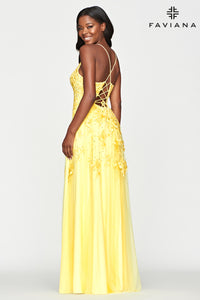 Faviana S10640 V-Neck A-line Gown With Lace Applique on Tulle Skirt | Black, Light Yellow, Peri, Red