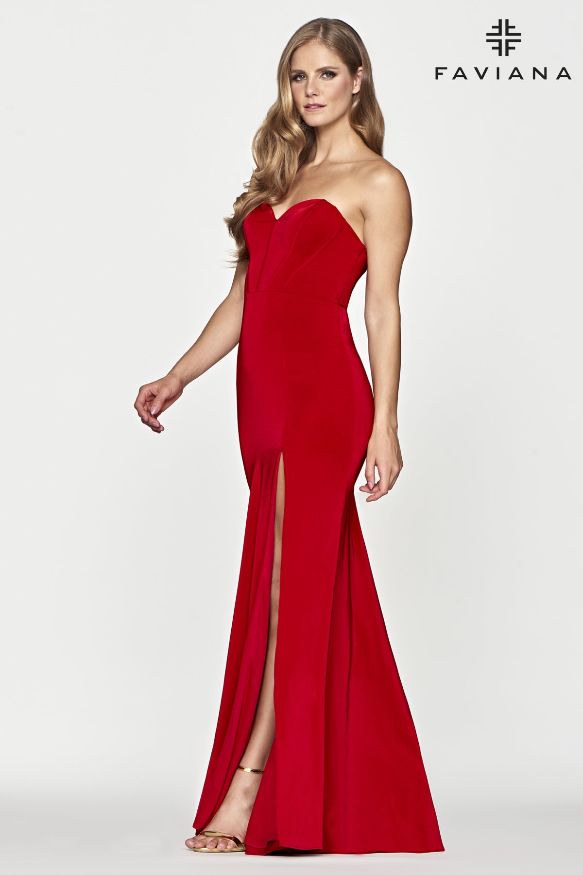Faviana S10660 Corset Style Strapless Gown With Leg Slit | Red