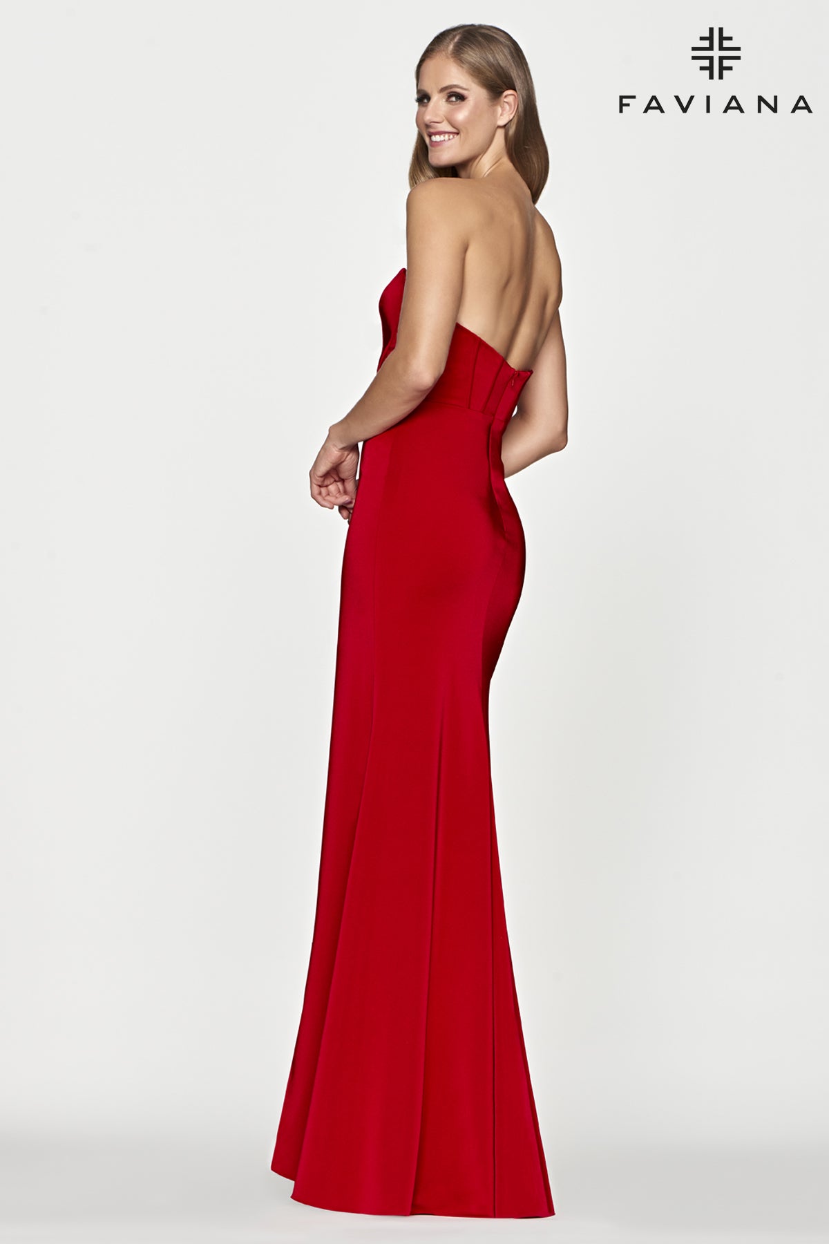 faviana red strapless dress Red Strapless Tight Long Dress With Gathering At The Sides