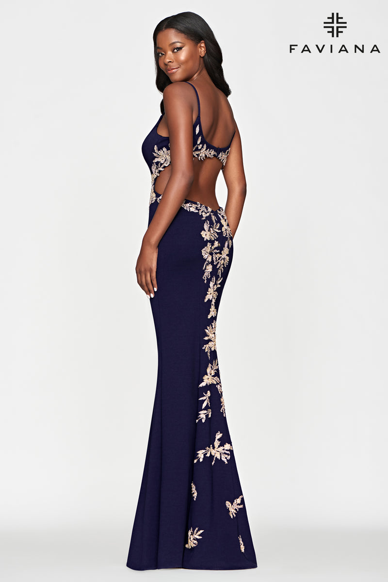 Faviana S10668 Cutout Crepe Fit & Flare Gown With Embroidered Lace Applique | Navy/Gold