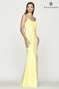Faviana S10682 Scoop Neck Patterned Sequin Gown With Lace Up Back