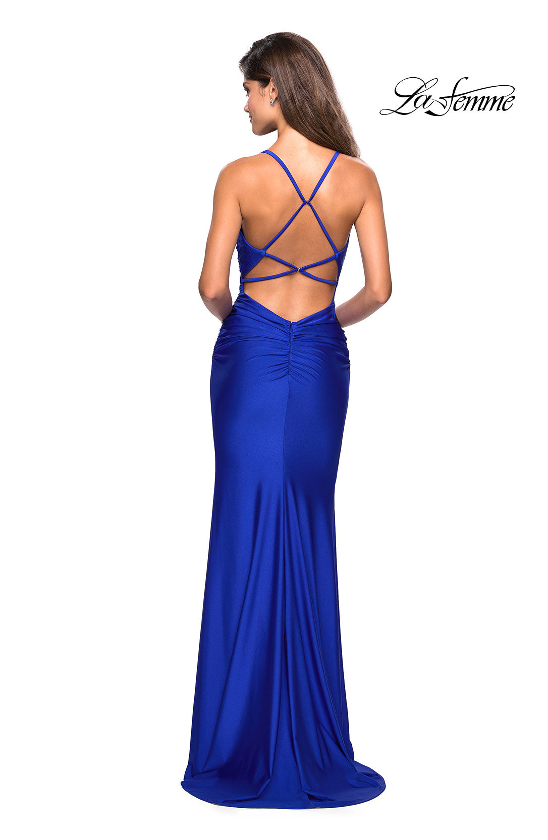 La Femme 27501 V-Neck Draped Fitted Gown With Criss-Cross Back