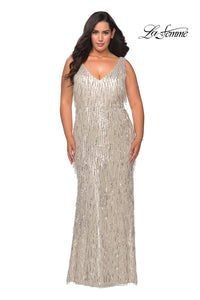 La Femme 28946 Plus Size Sequin Fringe V-Neck Gown