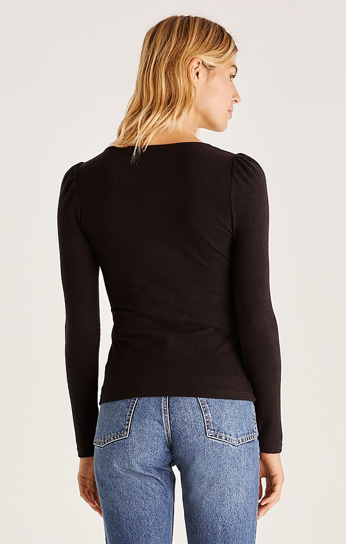 Storme Fitted Marled Knit Top With Puff Sleeve Detail | Stone, Black