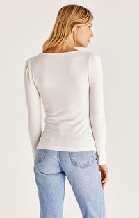 Storme Fitted Marled Knit Top With Puff Sleeve Detail | Stone, Black