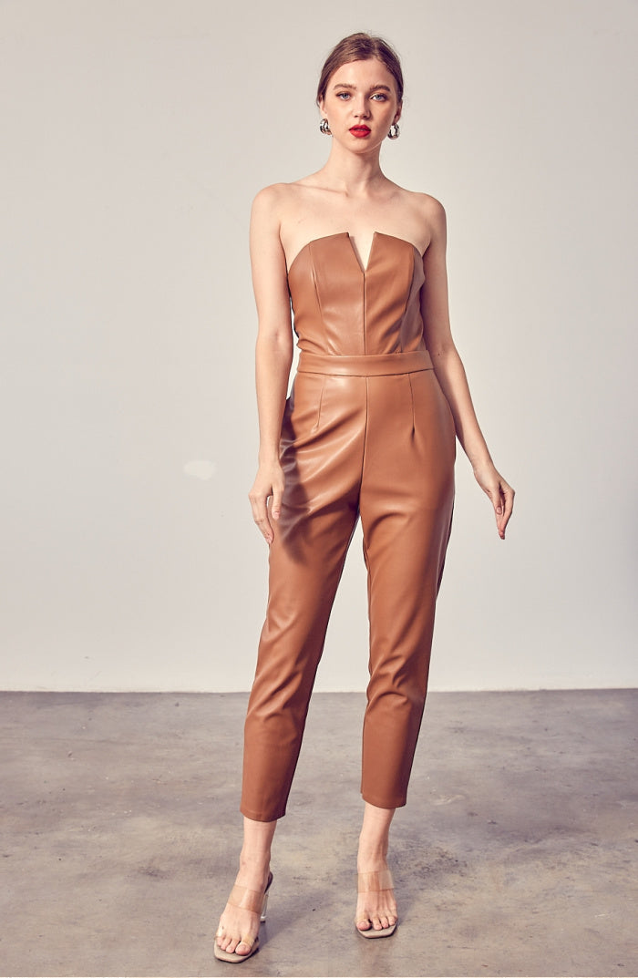 Faux Leather Strapless Jumpsuit In Mocha