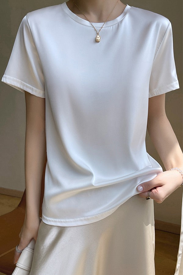Short Sleeve Round Neck Satin Top | White