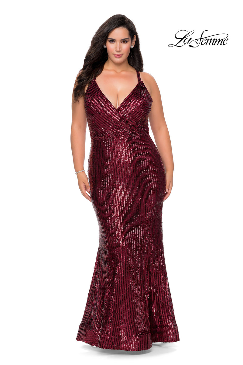 La Femme 29051 Plus Size Sequin Fit And Flare With Criss-Cross Back Detail